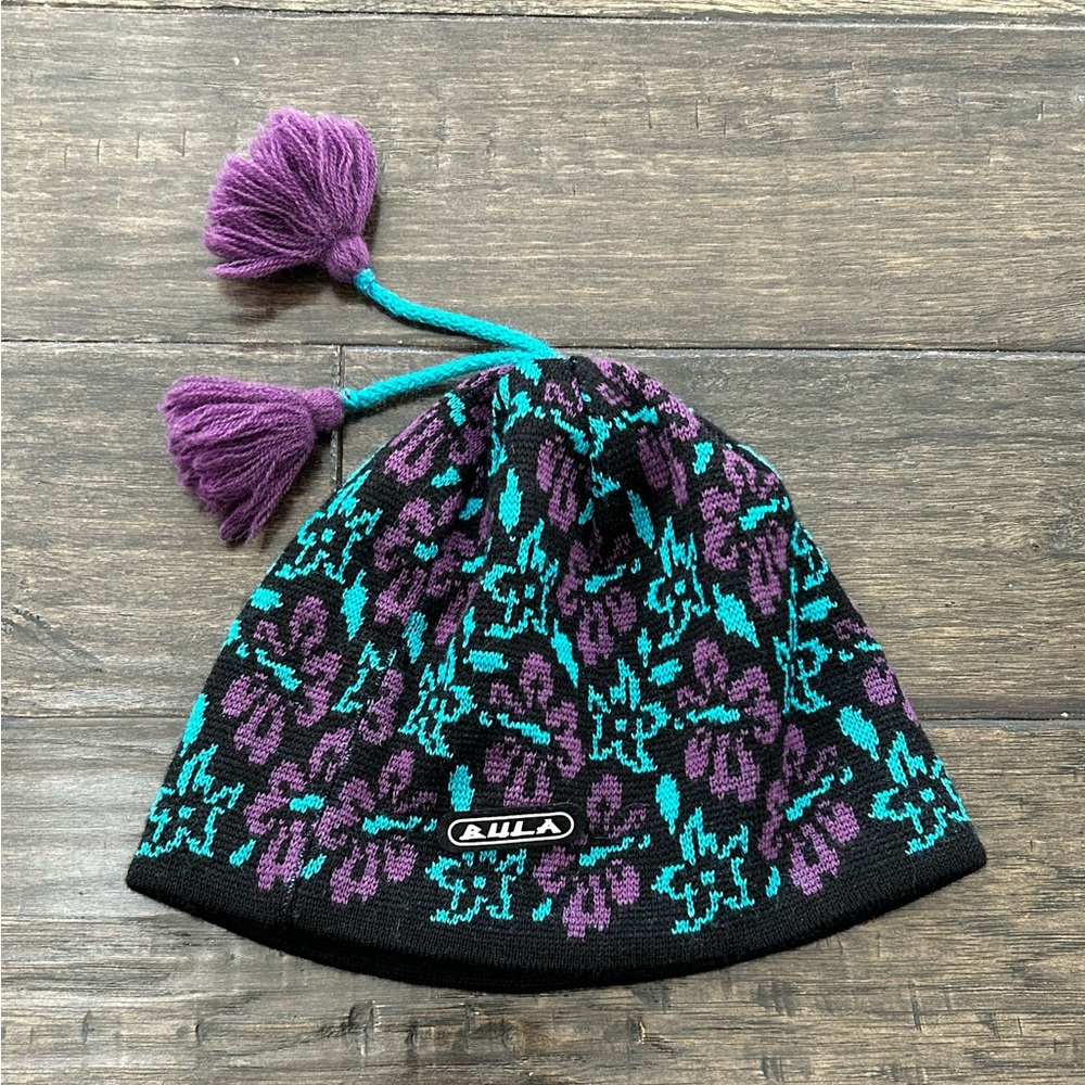 Vintage Bula Beanie Womens Wool Knit Purple Aqua Floral Pattern Tassels Ski Hat